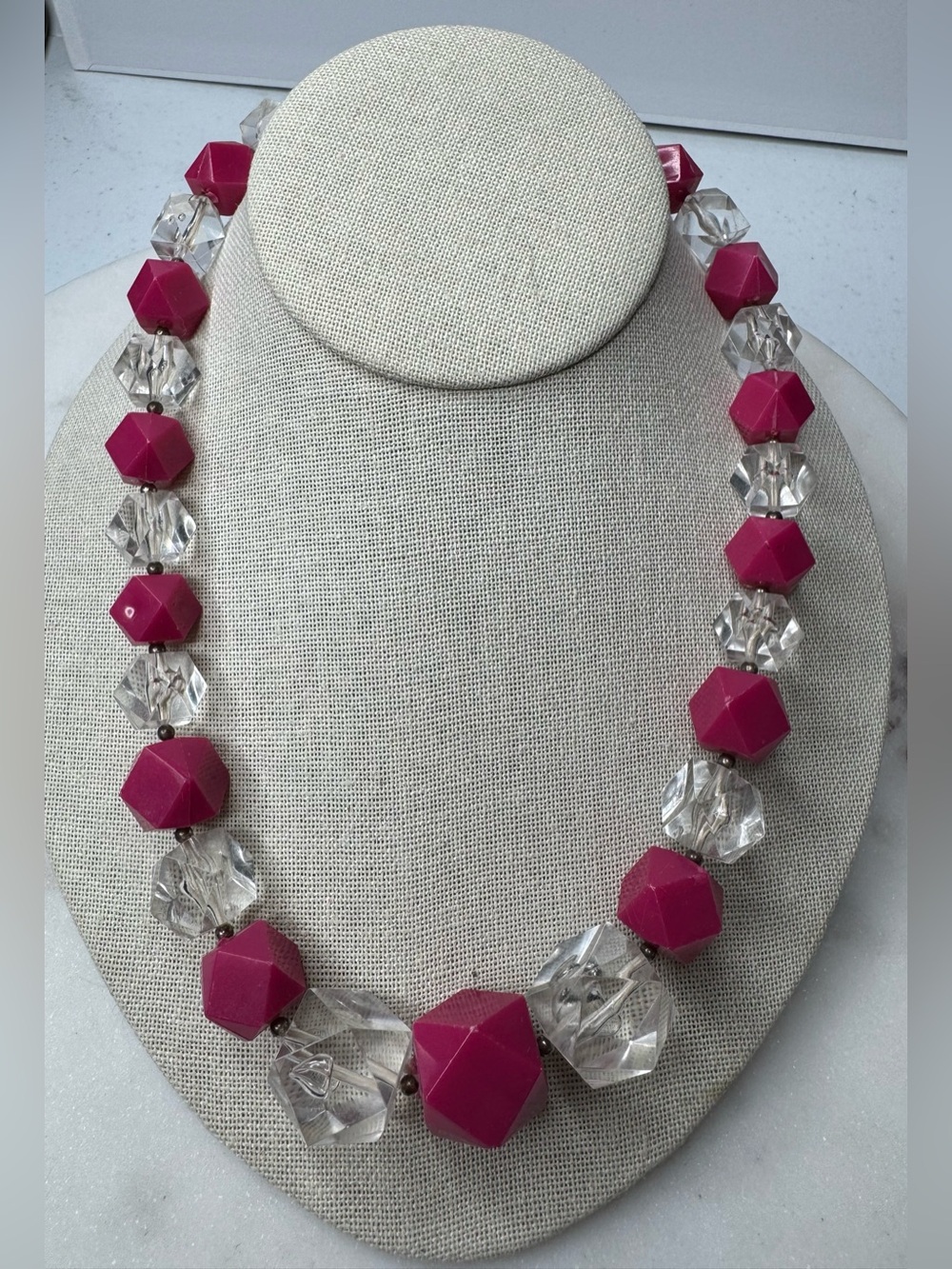 Fuchsia Geometric Bead Necklace - Vintage Made in Hong Kong